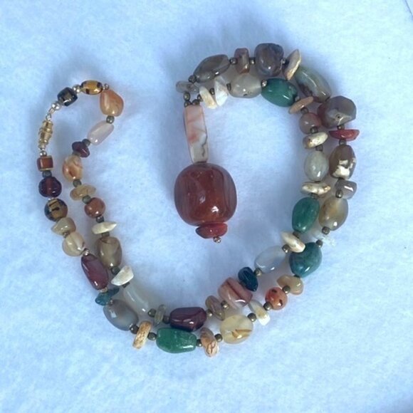 Artisan Natural Stone Beaded Boho 26" Boho Necklace Amber Colored Glass Pendant - Picture 11 of 16
